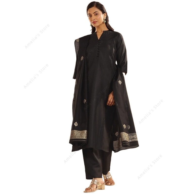 Women Formal Wear Indian - Women's Black Jacquard Kurta Pant Dupatta